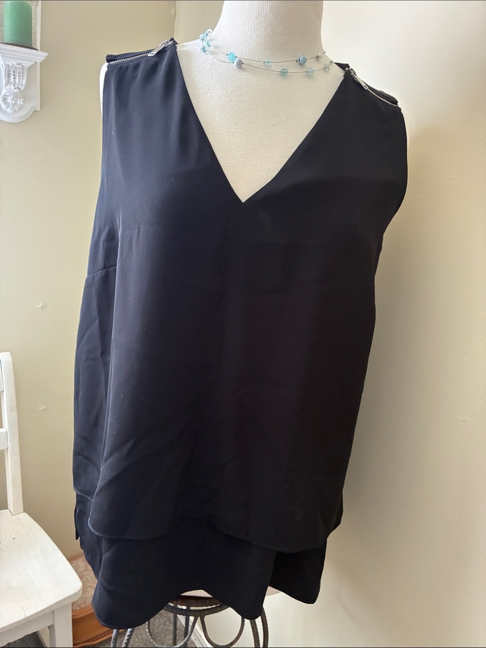 Michael Kors Black Sleeveless V-Neck Top with Zipper Detail at shoulders